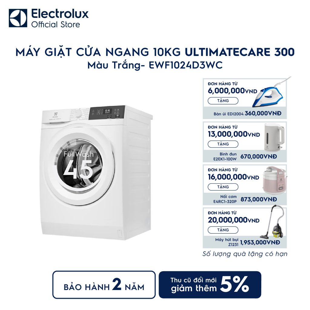 Máy giặt cửa ngang Electrolux 10kg UltimateCare 300 trắng EWF1024D3WC Electrolux