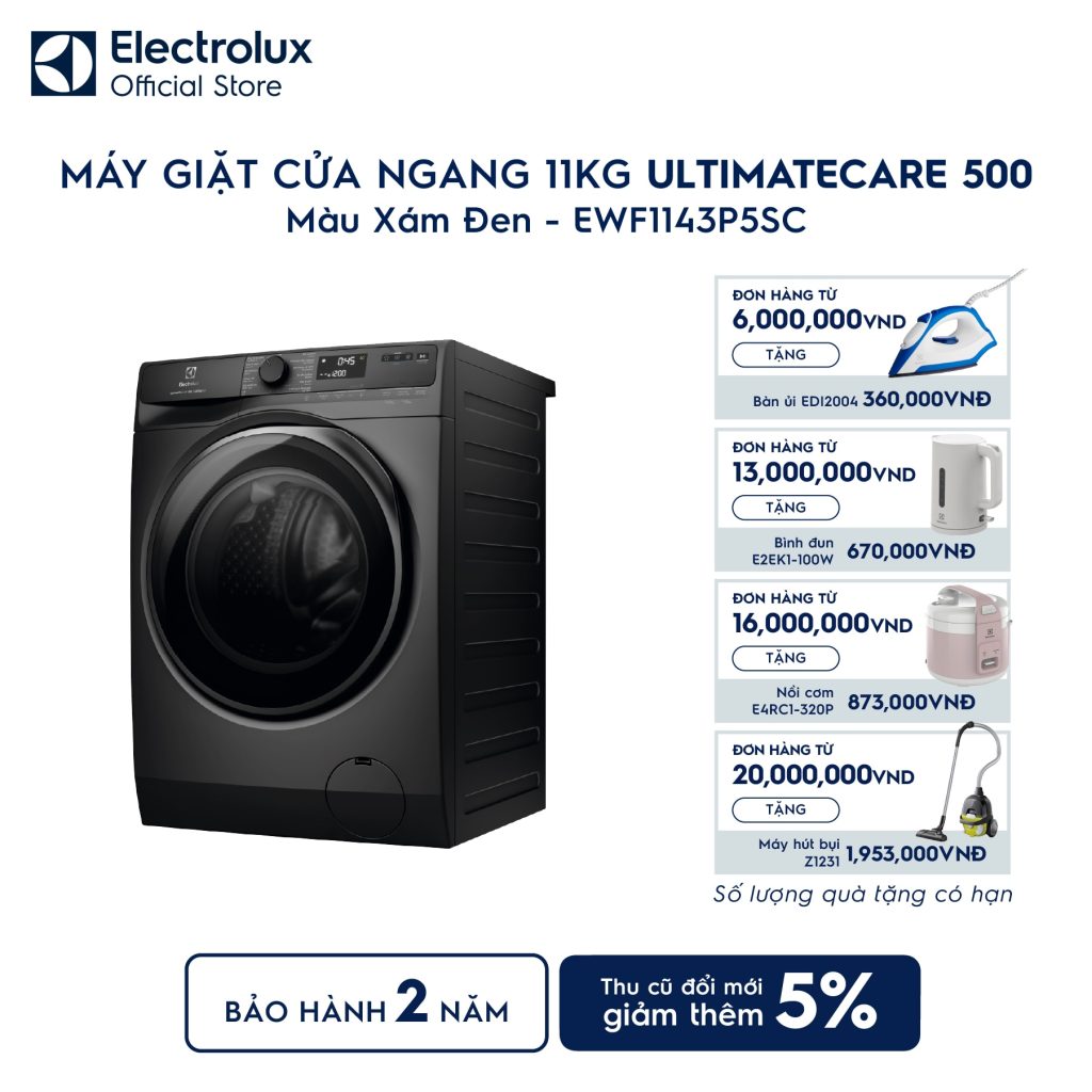 Máy giặt cửa ngang Electrolux 11kg UltimateCare 500 xám đen EWF1143P5SC Electrolux