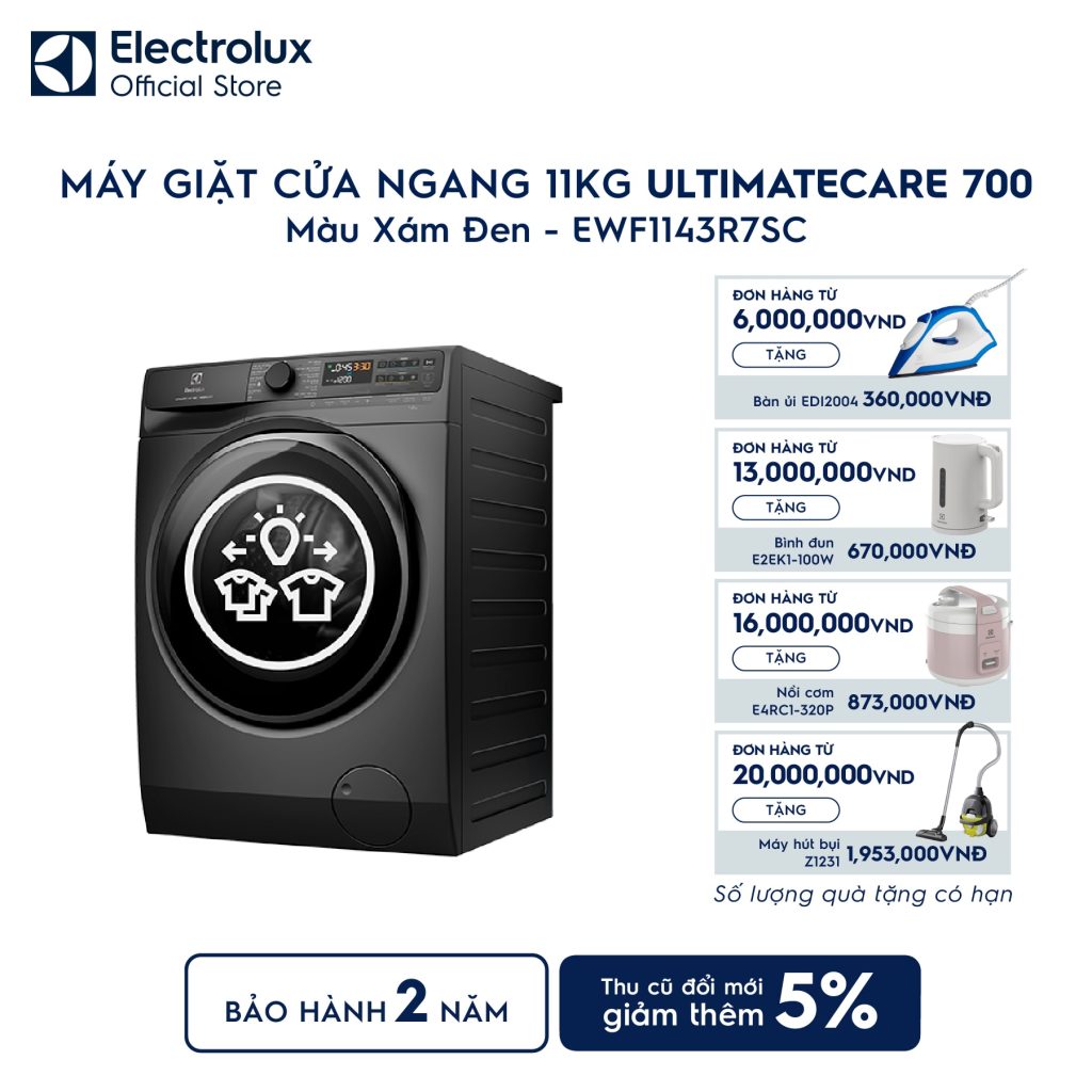 Máy giặt cửa ngang Electrolux 11kg UltimateCare 700 xám đen EWF1143R7SC Electrolux
