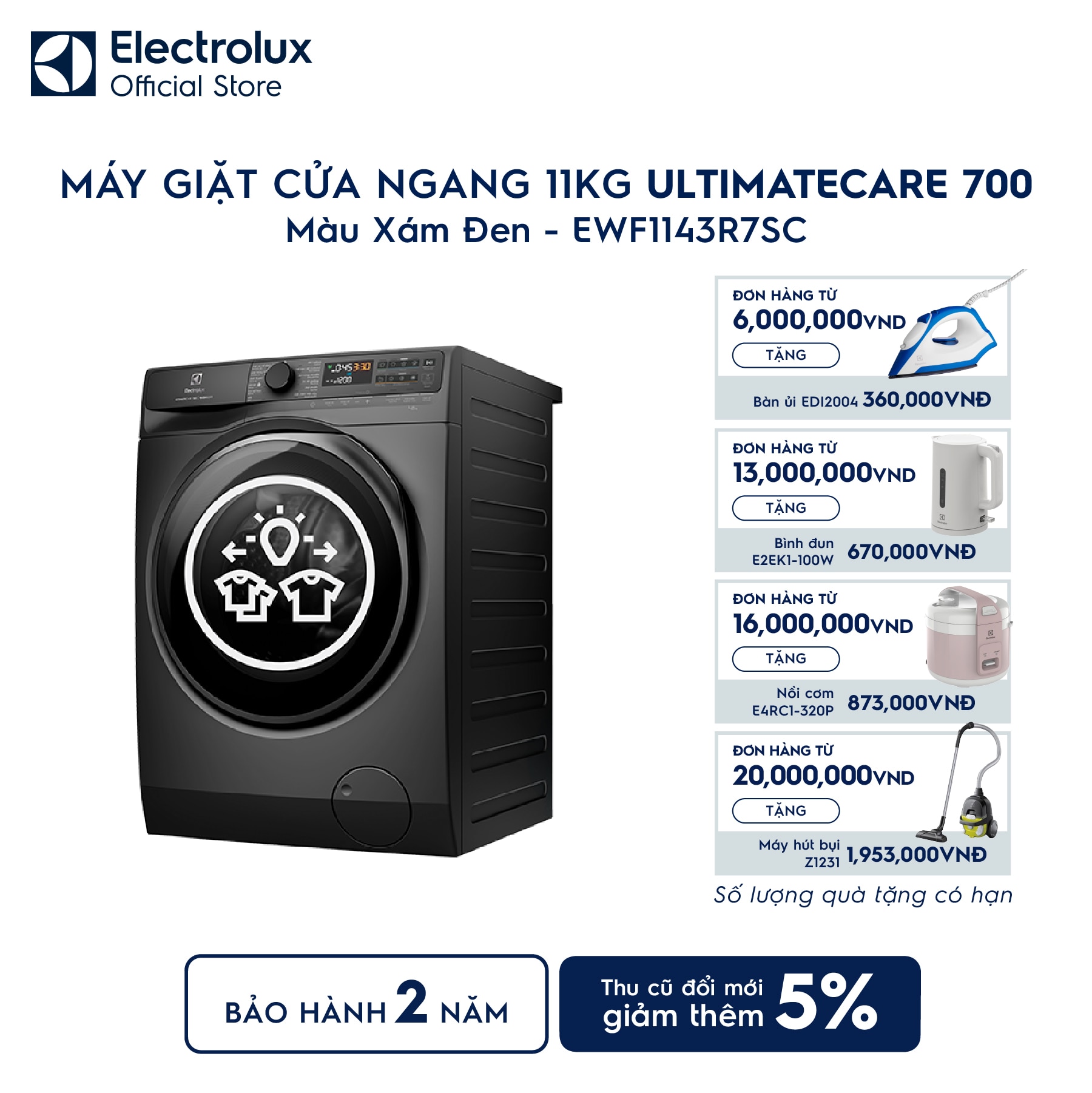 ewf1143r7sc-0 Máy giặt cửa ngang Electrolux 11kg UltimateCare 700 xám đen EWF1143R7SC Electrolux