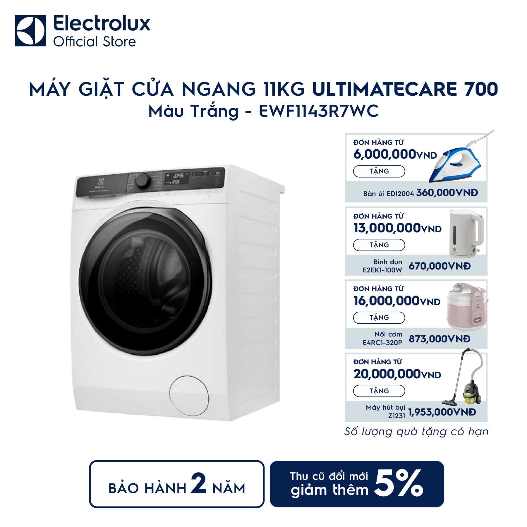 ewf1143r7wc-0 Máy giặt cửa ngang Electrolux 11kg UltimateCare 700 trắng EWF1143R7WC Electrolux