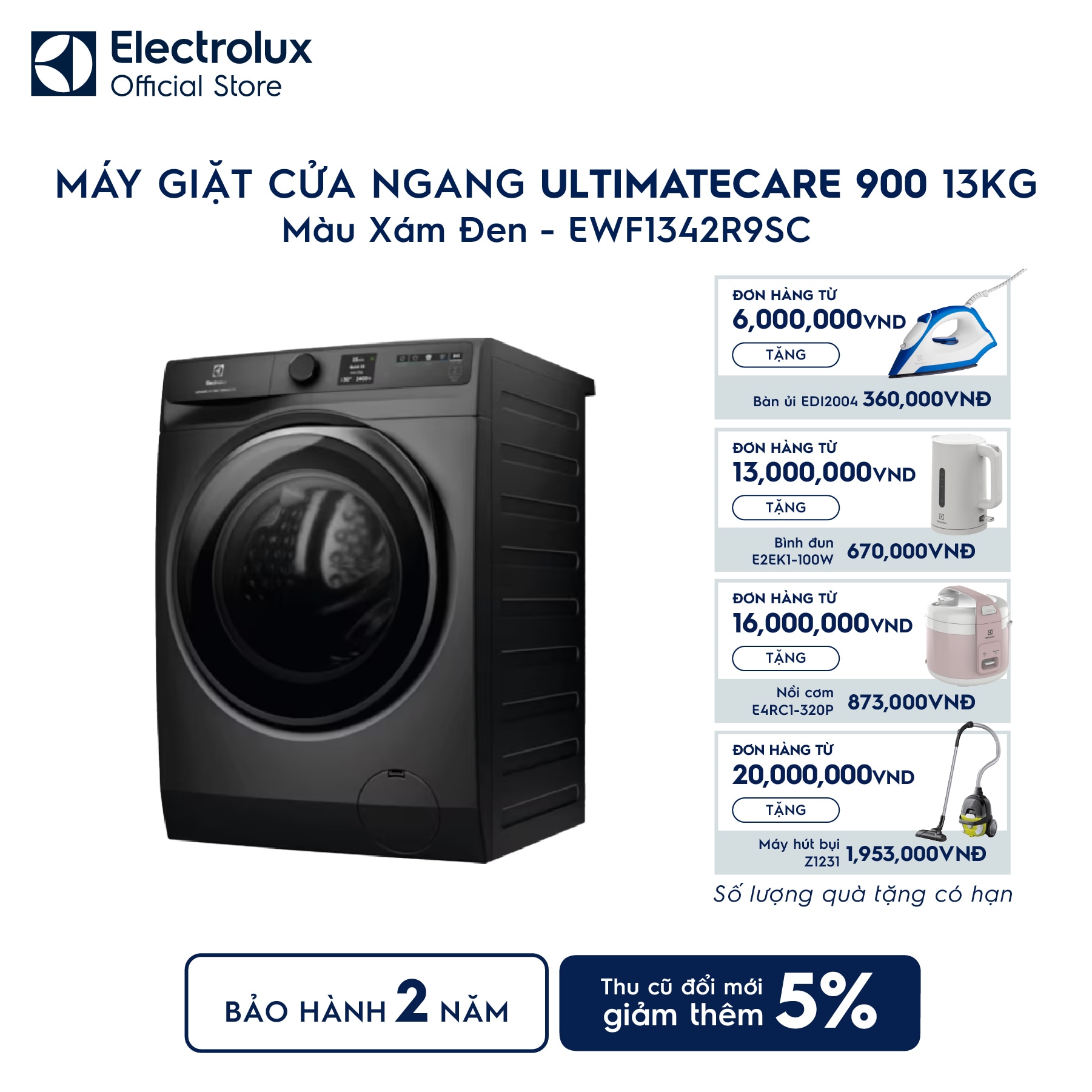 ewf1342r9sc-0 Máy giặt cửa ngang Electrolux 13kg UltimateCare 900 xám đen EWF1342R9SC Electrolux