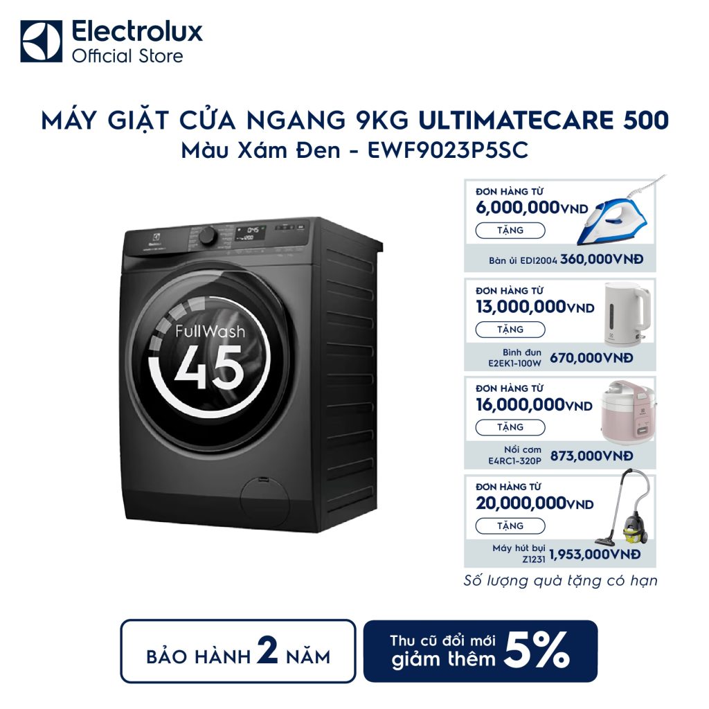 Máy giặt cửa ngang Electrolux 9kg UltimateCare 500 xám đen EWF9023P5SC Electrolux