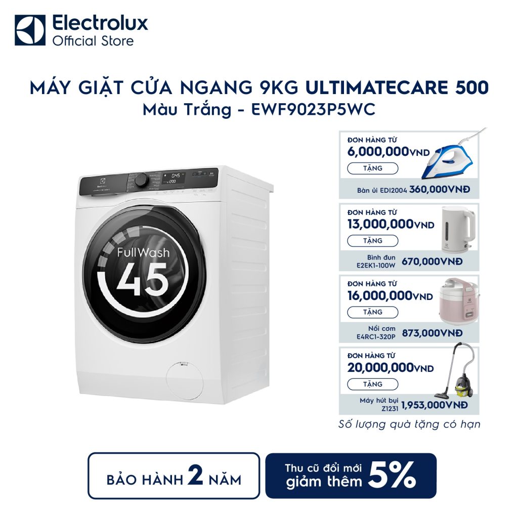 Máy giặt cửa ngang Electrolux 9kg UltimateCare 500 trắng EWF9023P5WC Electrolux