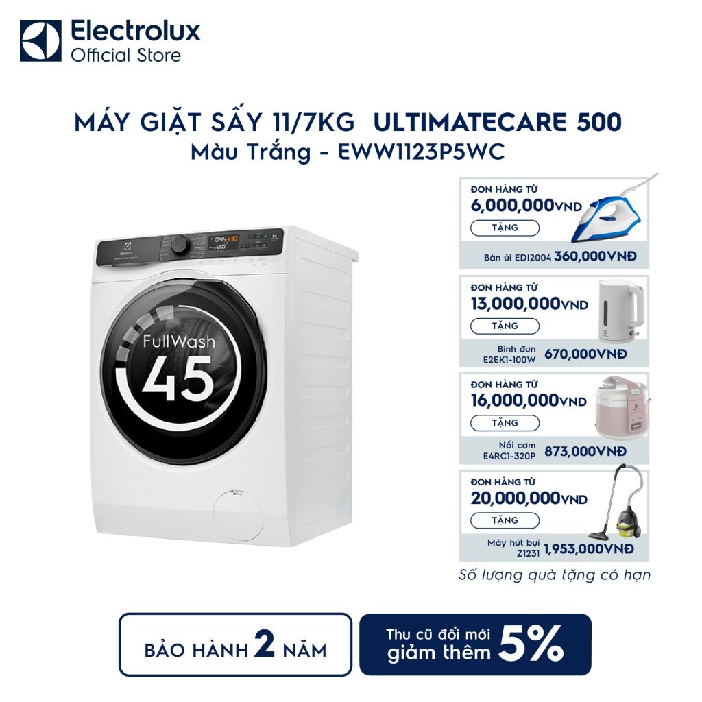 Máy giặt sấy Electrolux giặt 11kg + sấy 7kg UltimateCare 500 EWW1123P5WC Electrolux
