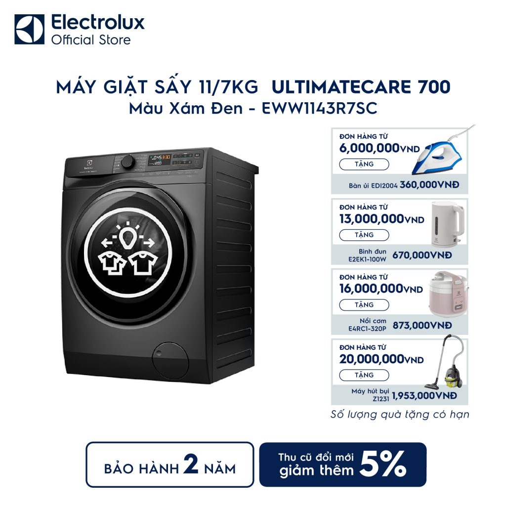Máy giặt sấy Electrolux giặt 11kg + sấy 7kg UltimateCare 700 EWW1143R7SC Electrolux