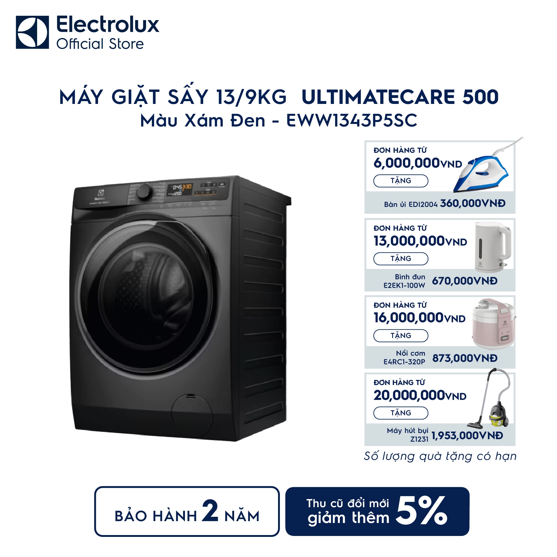 eww1343p5sc-0 Máy giặt sấy Electrolux giặt 13kg + sấy 9kg UltimateCare 500 EWW1343P5SC Electrolux