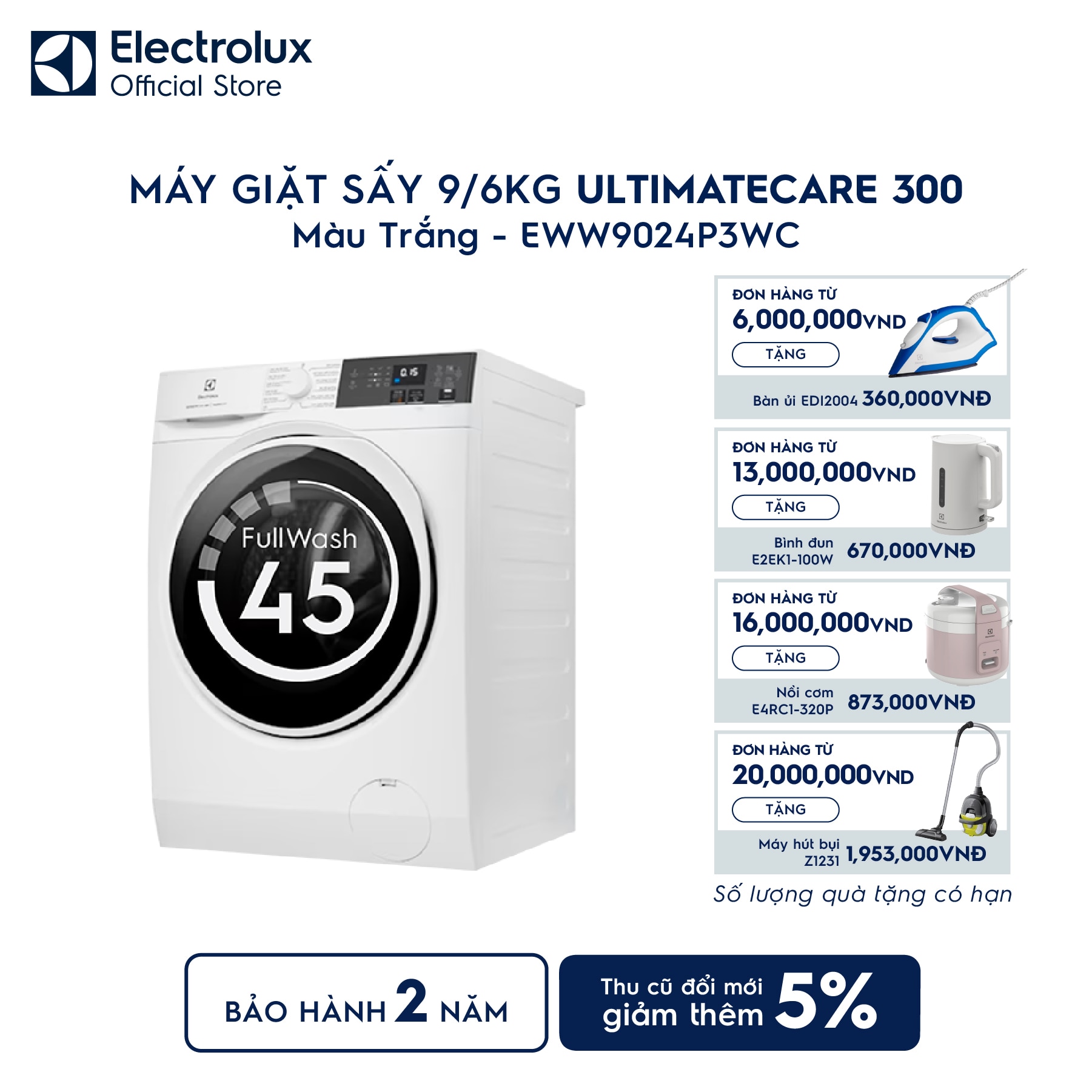 eww9024p3wc-0 Máy giặt sấy Electrolux giặt 9kg + sấy 6kg UltimateCare 300 EWW9024P3WC Electrolux