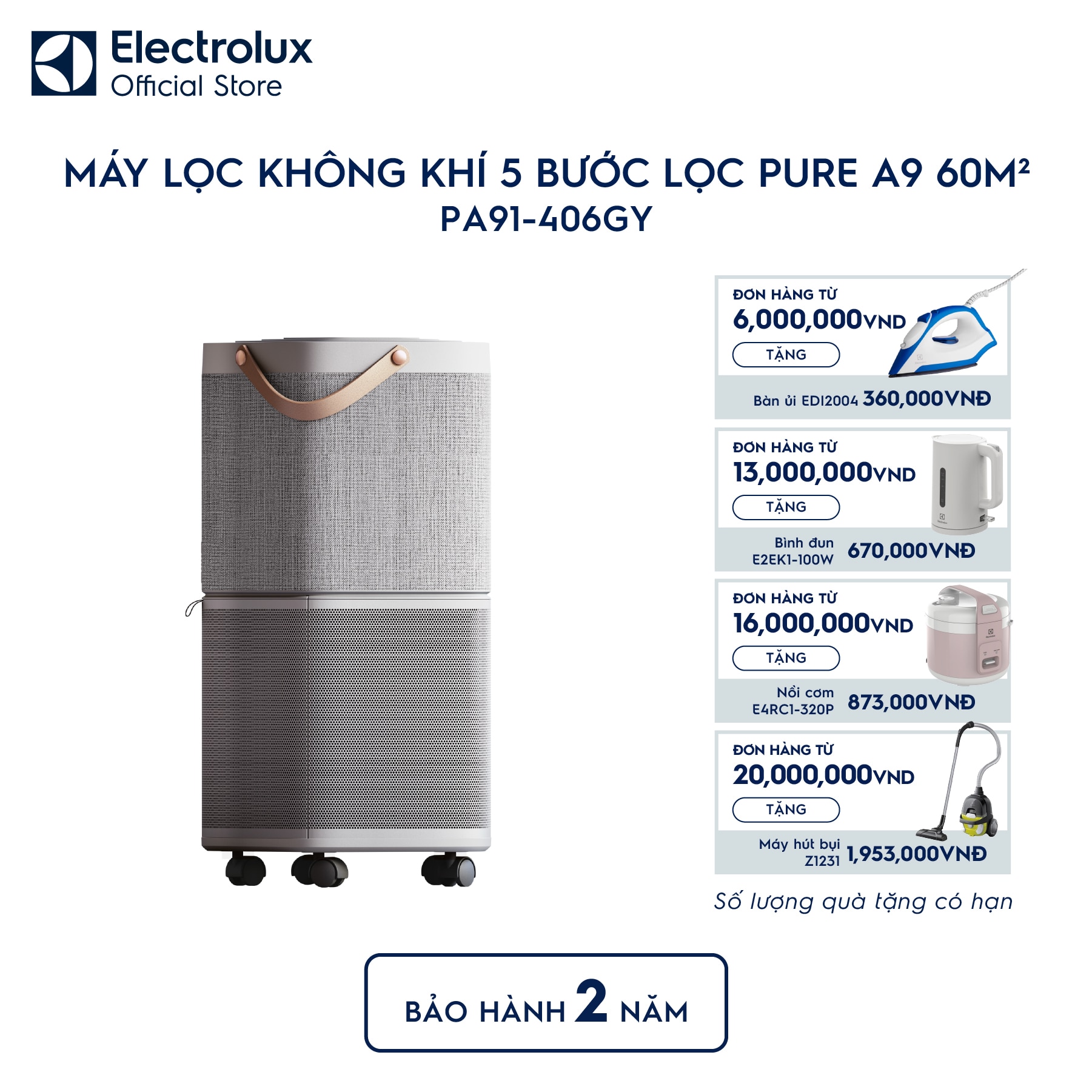 pa91-406gy-0 Máy lọc không khí Electrolux cỡ lớn phòng 60m² Pure A9 PA91-406GY Electrolux