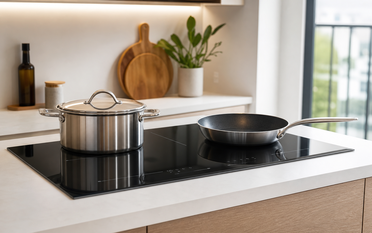 Bếp từ âm trong gian bếp hiện đại với nồi chảo inox