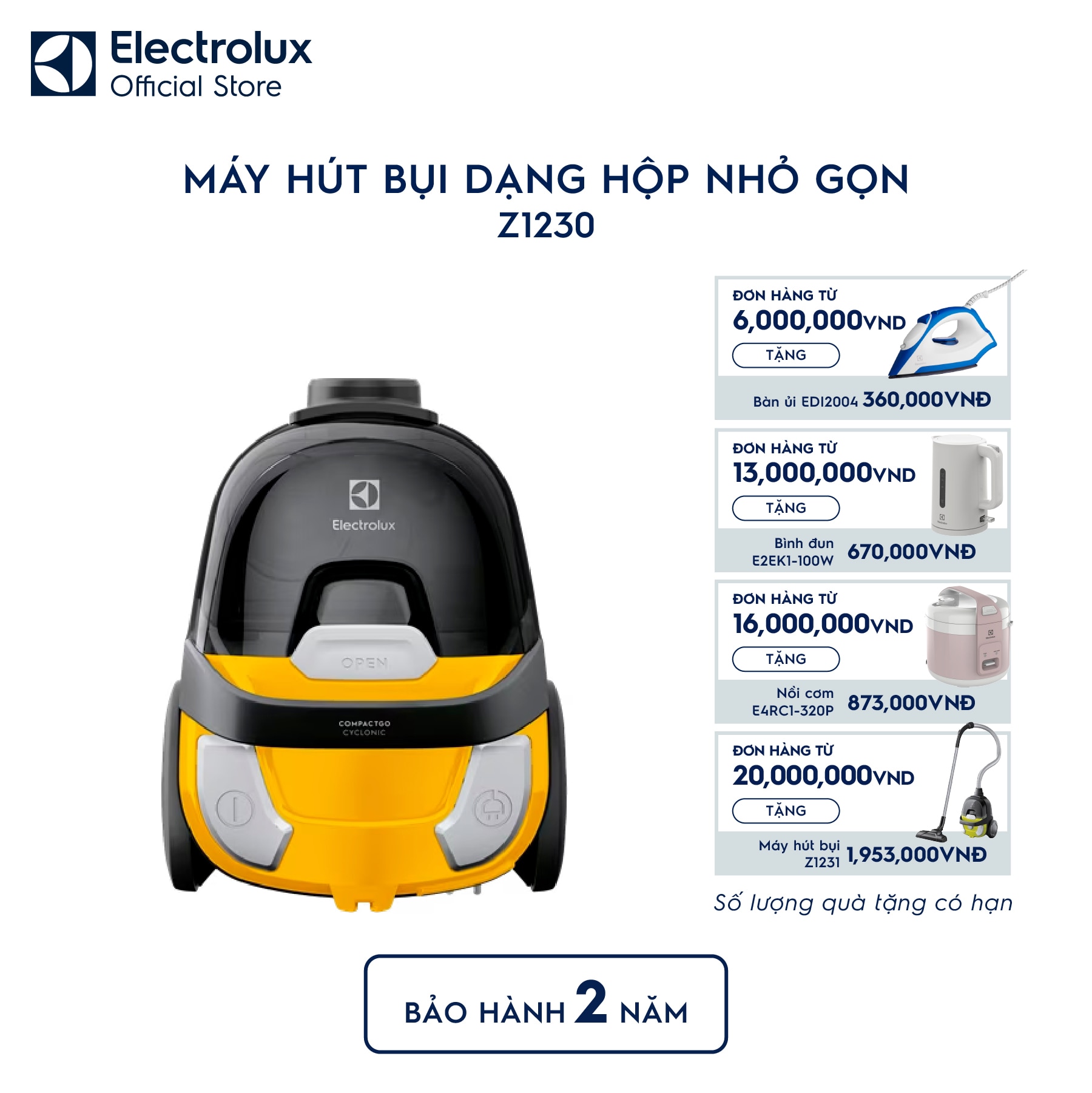 z1230-0 Máy hút bụi dạng hộp có túi nhỏ gọn 1600W - Vàng Z1230 Electrolux