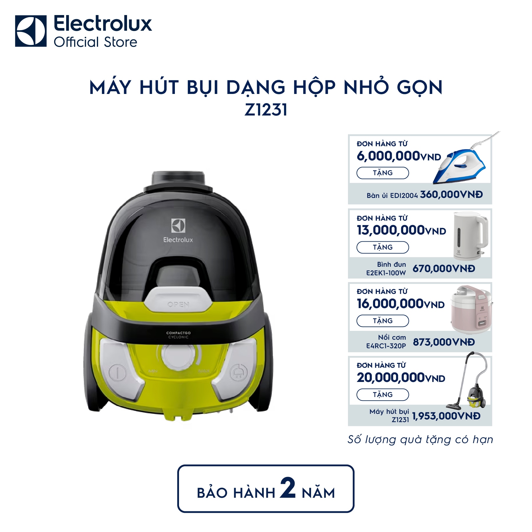 z1231-0 Máy hút bụi dạng hộp không túi nhỏ gọn 1600W - Vàng Z1231 Electrolux