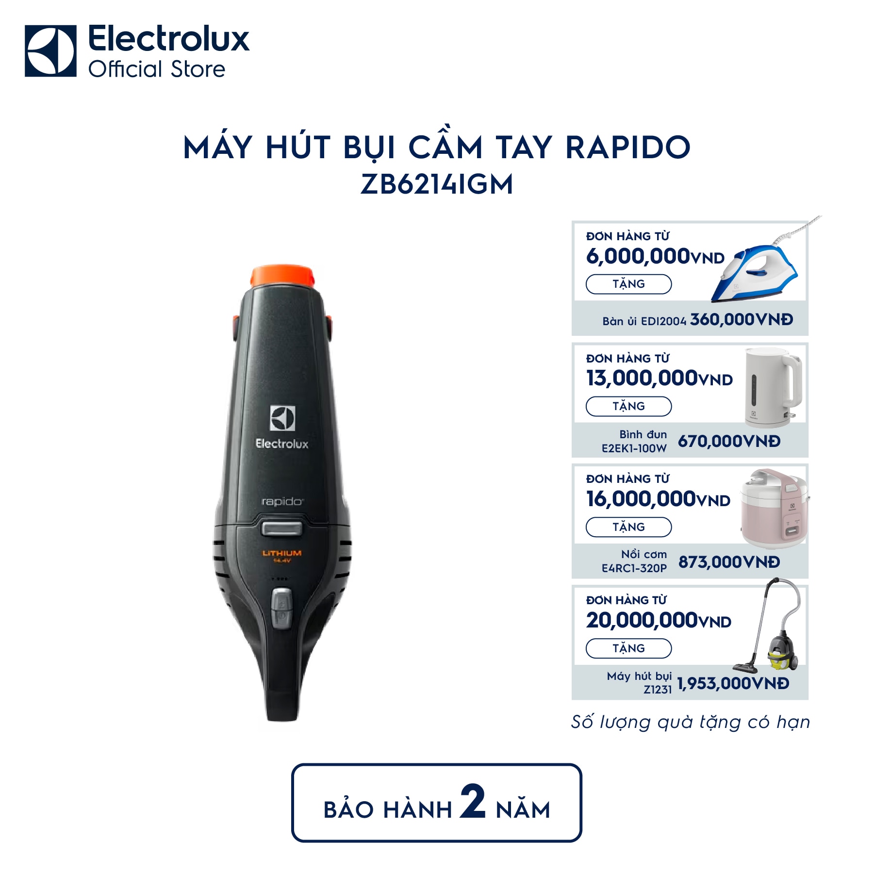 zb6214igm-0 Máy hút bụi cầm tay không dây Rapido 100 - 240V - Xám ZB6214IGM Electrolux